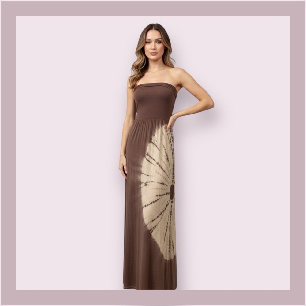 Mai Tai Brown Tie Dye Strapless Maxi Dress